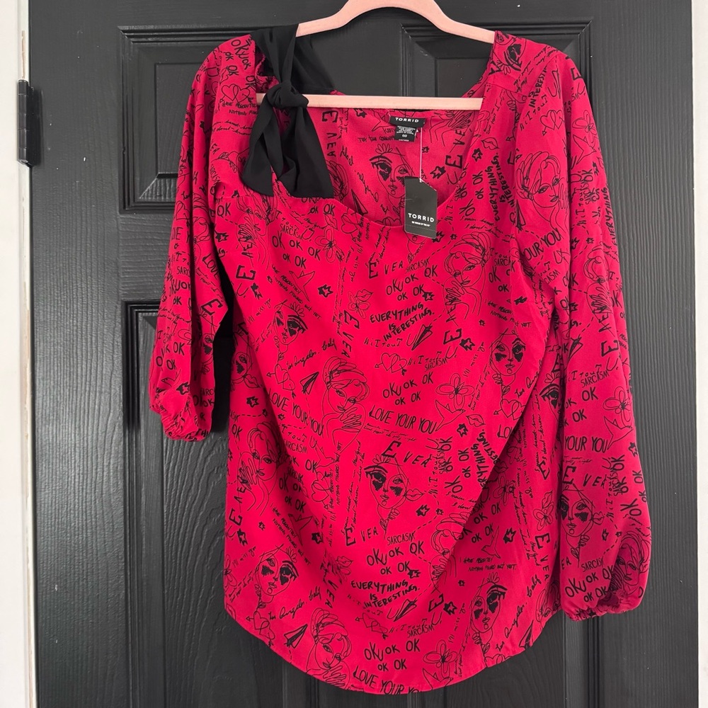 Torrid Red Edge Print One Shoulder Long-Sleeve Georgette Shirt Size 00